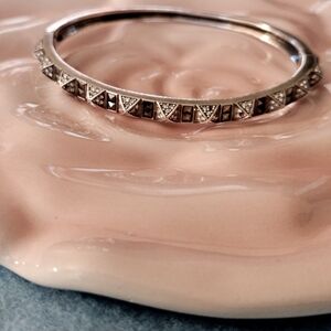 VTG 925 SS Art Deco Hinged Bangle Geometric Pattern with Marcasite Accents